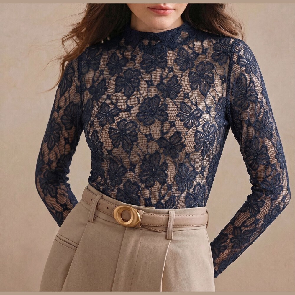 Navy Blue Sheer Floral Lace Long Sleeve Mock Neck Top